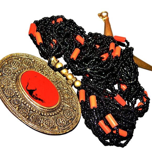BoHo Bold Red & Brass Beaded Necklace - Picture 9 of 14